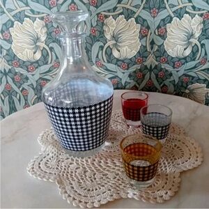 1960s French Houndstooth Decanter Set 3 Matching Glasses Mid Century Mod